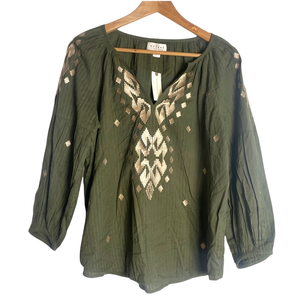 Anthropologie NWT Velvet by Graham and Spencer Olive Green Embroidered Top.